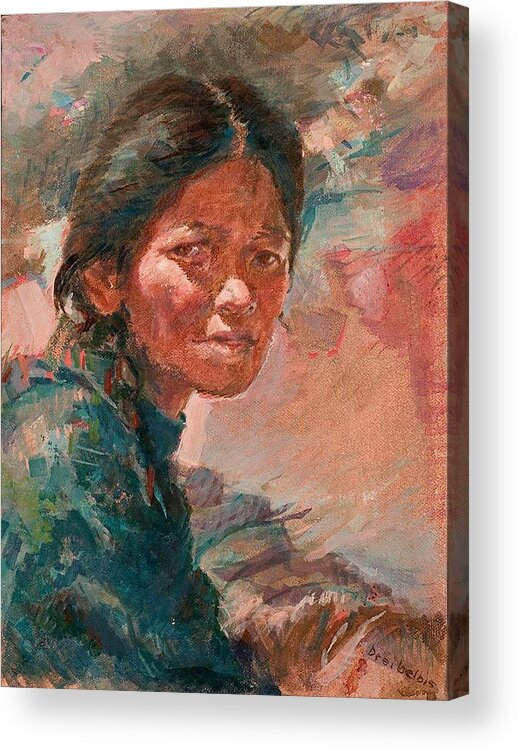 Girl Acrylic Print featuring the painting The Tibetan Girl by Ellen Dreibelbis