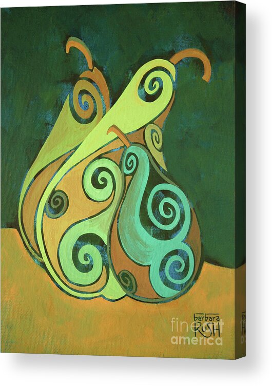 Pear Art Acrylic Print featuring the painting Three Groovy Little Pears by Barbara Rush