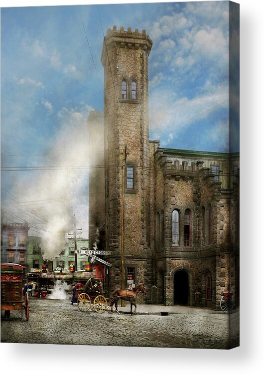 Salem Acrylic Print featuring the photograph Train Station - Look out for the train 1910 by Mike Savad