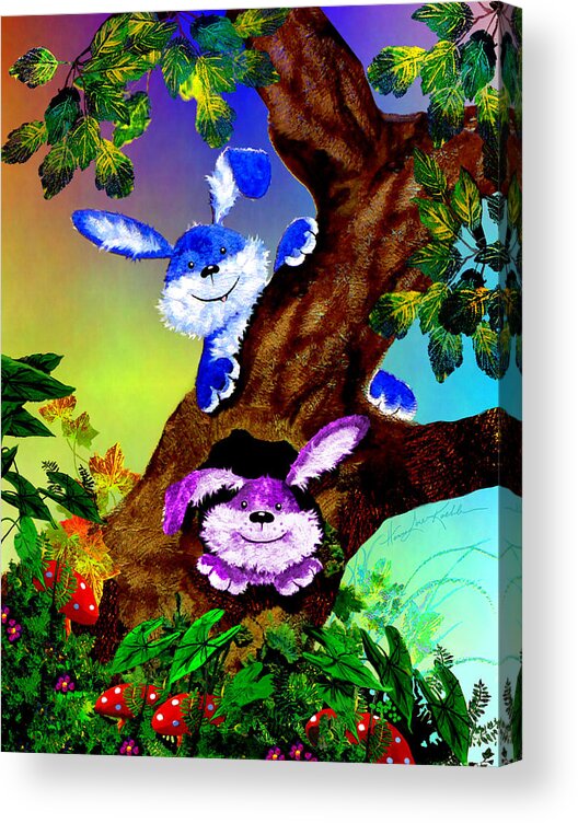 Treehouse Bunny Acrylic Print featuring the painting Treehouse Bunnies by Hanne Lore Koehler