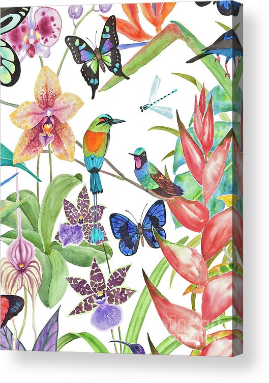 Tropical Birds Acrylic Print featuring the painting Tropical Paradise Dragonfly by Lucy Arnold
