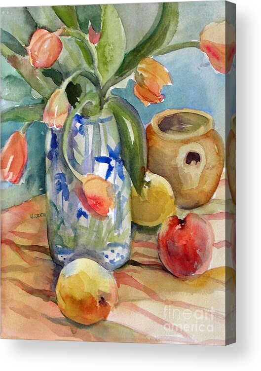 Still Life Acrylic Print featuring the painting Tulips 'n Apples by Mafalda Cento