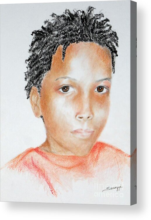 Boy Acrylic Print featuring the drawing Twists, at 9 -- Portrait of African-American Boy by Jayne Somogy
