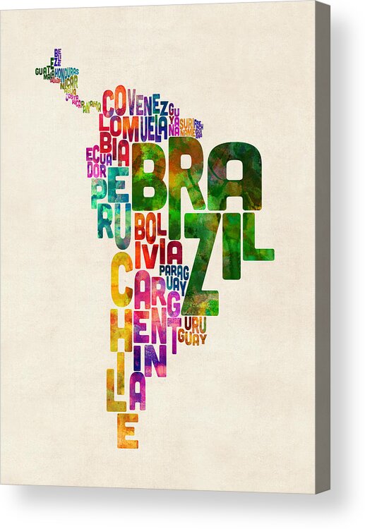 South America Map Acrylic Print featuring the digital art Typography Map of Central and South America by Michael Tompsett