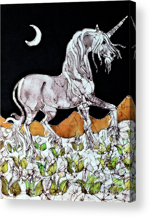 Horse Acrylic Print featuring the tapestry - textile Unicorn Over Flower Field by Carol Law Conklin