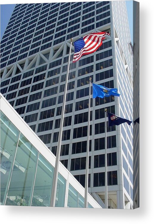 Us Bank Acrylic Print featuring the photograph US Bank with flags by Anita Burgermeister