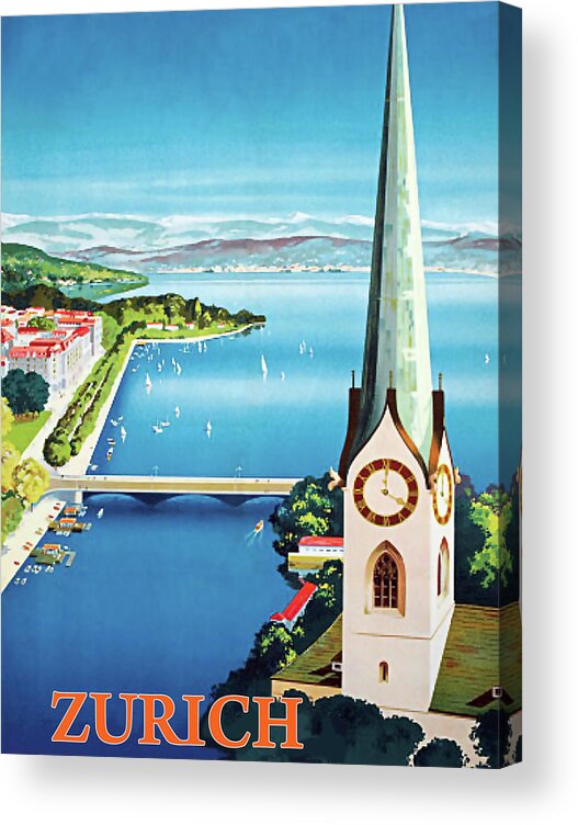 Zurich Acrylic Print featuring the painting Watchtower in Zurich by Long Shot
