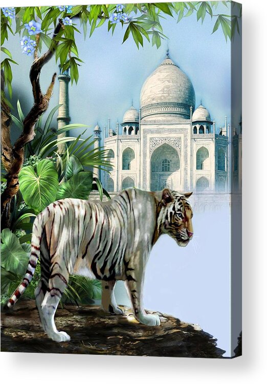  White Tiger And Taj Mahal Oil Painting Acrylic Print featuring the painting White Tiger and the Taj Mahal Image of Beauty by Regina Femrite