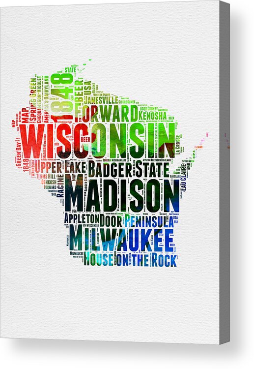 Wisconsin Acrylic Print featuring the digital art Wisconsin Watercolor Word Cloud Map by Naxart Studio