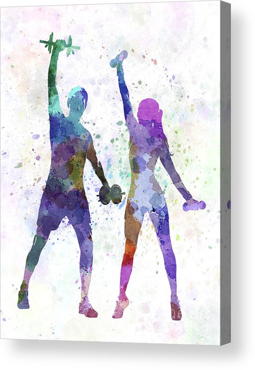 Aerobic Instructor Acrylic Print featuring the painting Woman Exercising With Man Coach by Pablo Romero