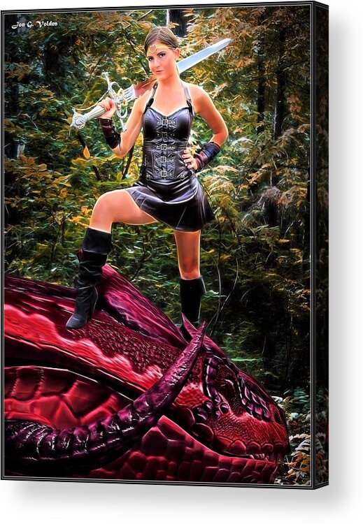 Xena Acrylic Print featuring the painting Xena Meets Dragon by Jon Volden