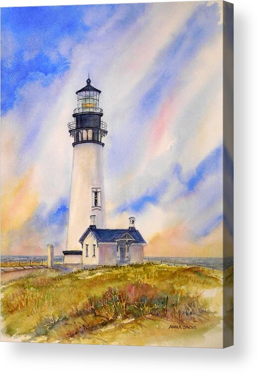 Yaquina Head Lighthouse In Watercolor Acrylic Print featuring the painting Yaquina Head Lighthouse by Anna Jacke