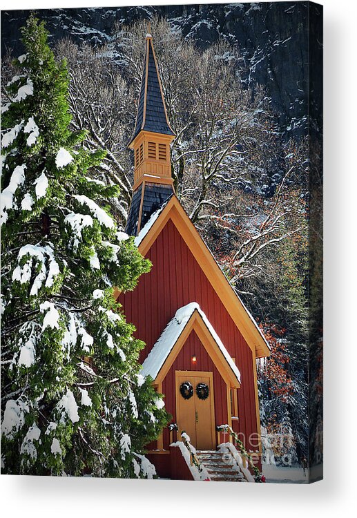 National Acrylic Print featuring the photograph Yosemite Chapel at Christmas visit www.AngeliniPhoto.com for more by Mary Angelini