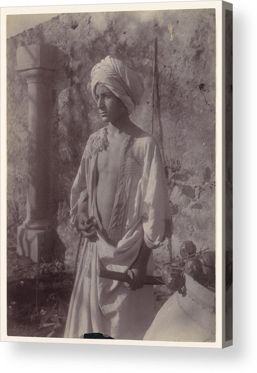 [young Man In White Robe And Head Gear Holding Scabbard Acrylic Print featuring the painting Young Man in White Robe and Head Gear Holding Scabbard by MotionAge Designs