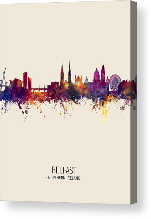 Belfast Acrylic Print featuring the digital art Belfast Northern Ireland Skyline #11 by Michael Tompsett