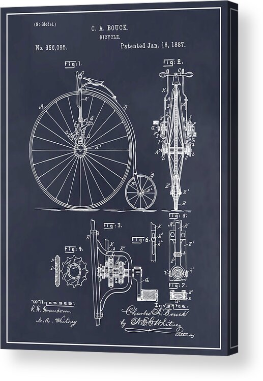 1961 Unicycle Patent Print Acrylic Print featuring the drawing 1887 Bouck Bicycle Blackboard Patent Print by Greg Edwards