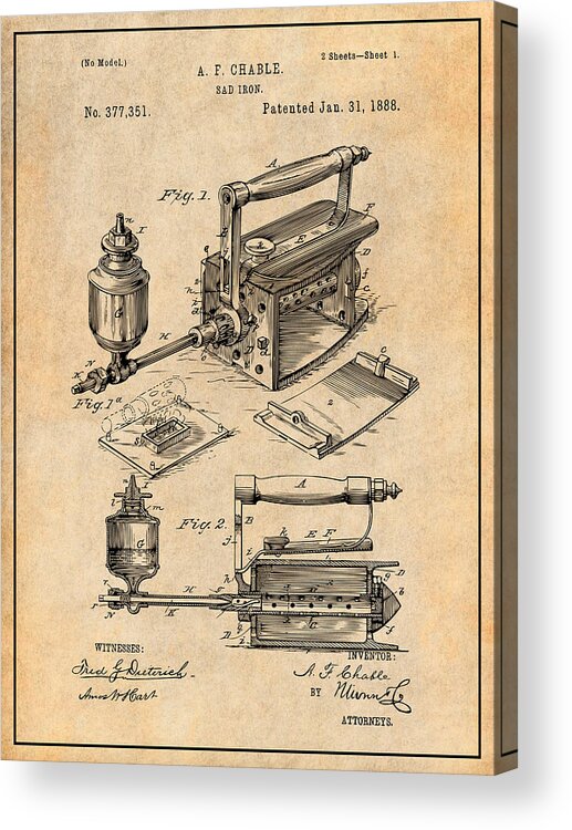 Art & Collectibles Acrylic Print featuring the drawing 1888 Antique Sad Iron Patent Print Antique Paper by Greg Edwards