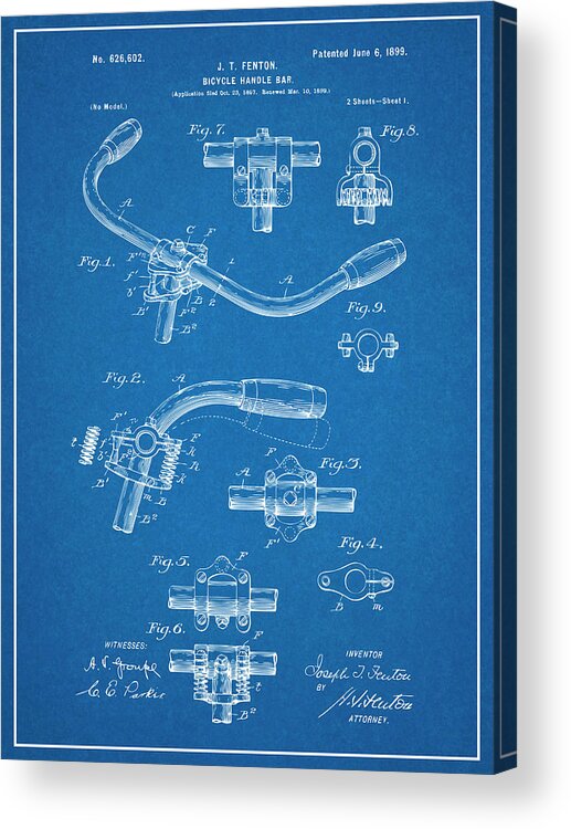 1897 Bicycle Handle Bars Patent Print Acrylic Print featuring the drawing 1897 Bicycle Handle Bars Blueprint Patent Print by Greg Edwards