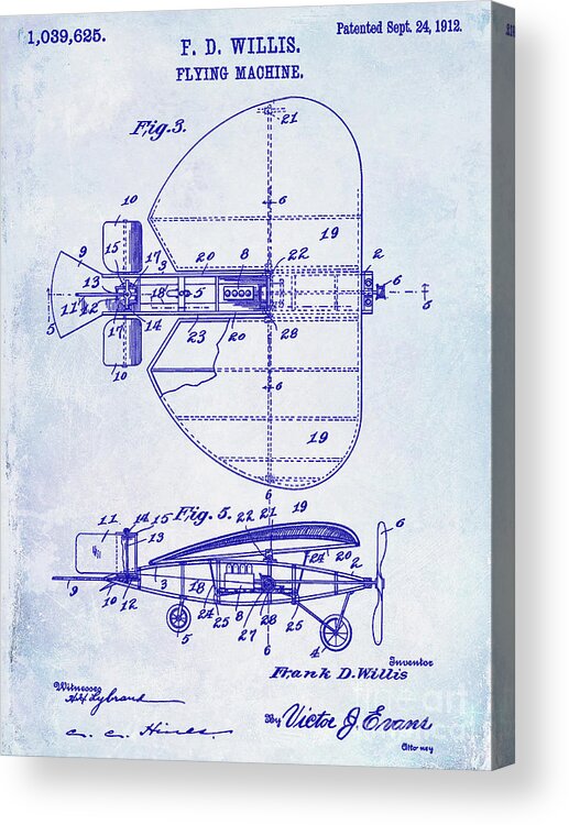 1920 Airplane Patent Acrylic Print featuring the photograph 1912 Flying Machine Patent Blueprint by Jon Neidert