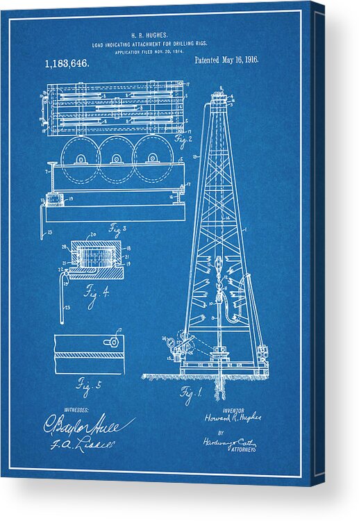 Howard Hughes Acrylic Print featuring the drawing 1916 Howard Hughes Oil Drilling Rig Attachment Patent Print Blueprint by Greg Edwards