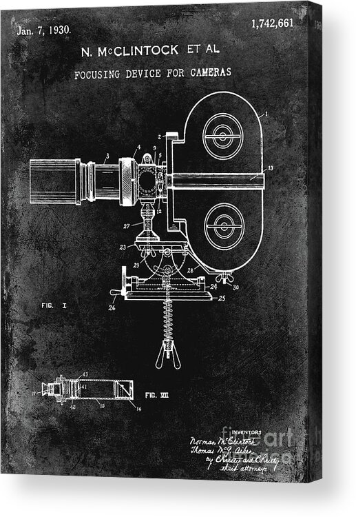 1940 Acrylic Print featuring the photograph 1930 Movie Camera Patent Black #1930 by Jon Neidert