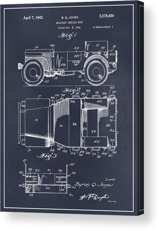 1941 Jeep Military Vehicle Patent Print Acrylic Print featuring the drawing 1941 Jeep Military Vehicle Blackboard Patent Print by Greg Edwards