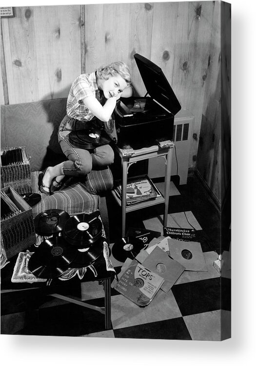 Photography Acrylic Print featuring the photograph 1950s Teen Girl Listening To Music by Vintage Images