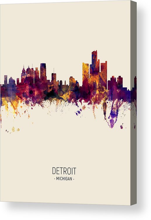 Detroit Acrylic Print featuring the digital art Detroit Michigan Skyline #20 by Michael Tompsett