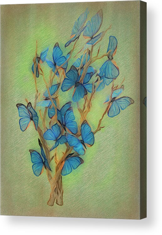 Butterflies Acrylic Print featuring the digital art Blue Butterfly Tree by Leslie Montgomery