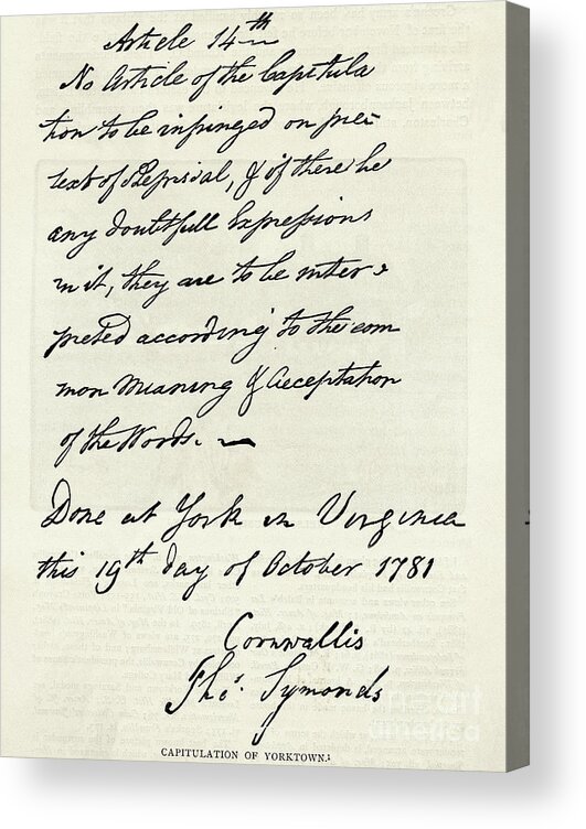 Yorktown Acrylic Print featuring the photograph British Letter Of Capitulation by Bettmann