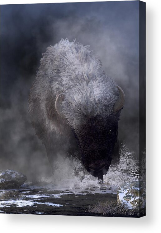 Buffalo Acrylic Print featuring the digital art Buffalo Charging Through Snow by Daniel Eskridge
