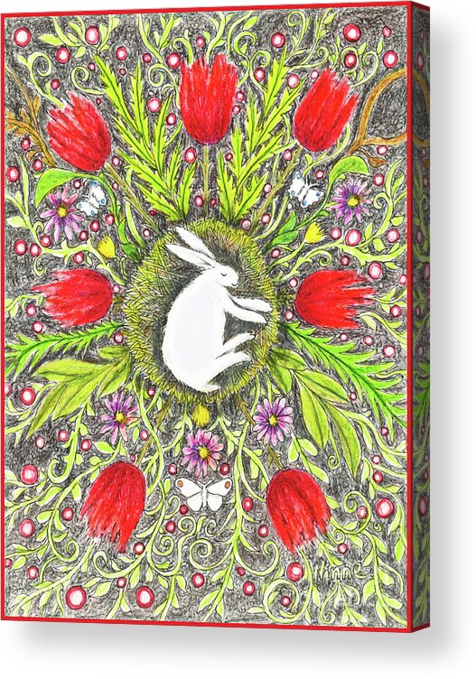 Lise Winne Acrylic Print featuring the painting Bunny Nest with Red Flowers and White Butterflies by Lise Winne