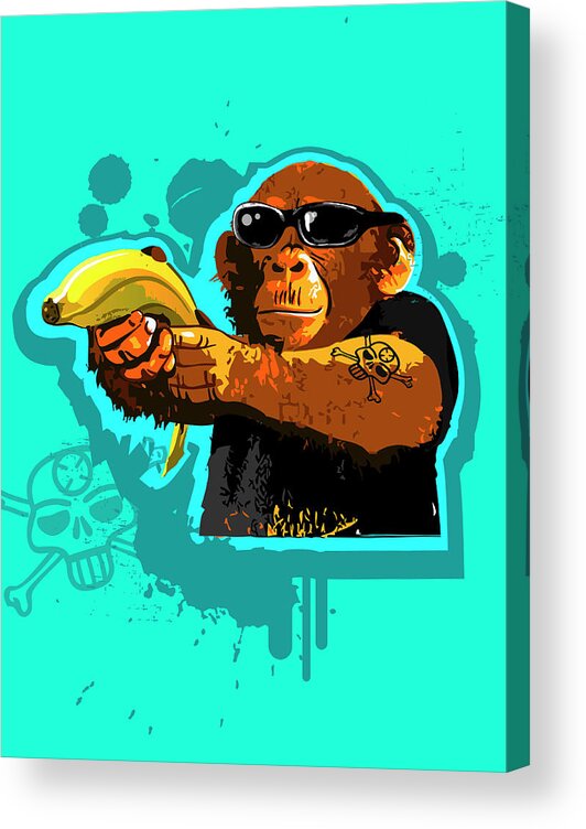Gangster Acrylic Print featuring the digital art Chimpanzee Holding Banana Like Gun by New Vision Technologies Inc