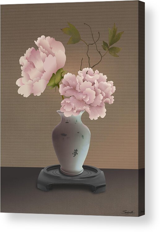 Flowers Acrylic Print featuring the mixed media Chinese Pink Peonies in Vase by M Spadecaller