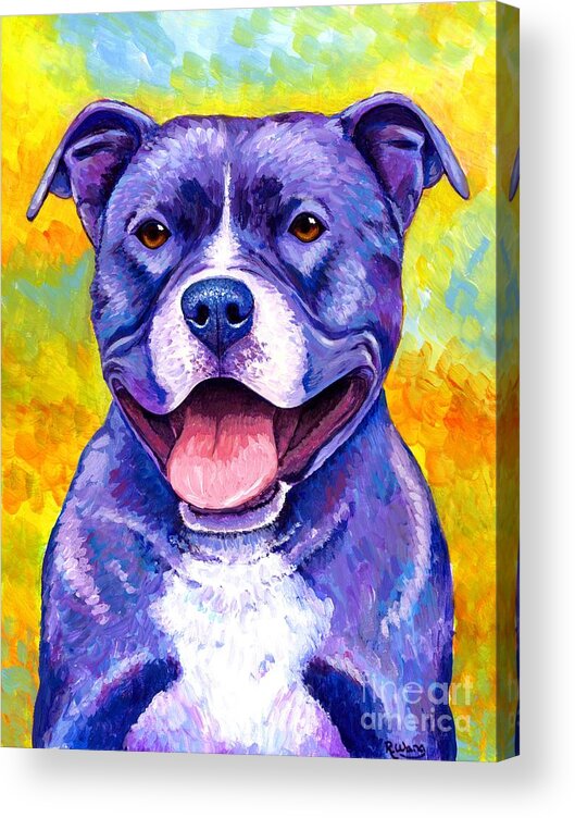 Pitbull Acrylic Print featuring the painting Peppy Purple Pitbull Terrier Dog by Rebecca Wang