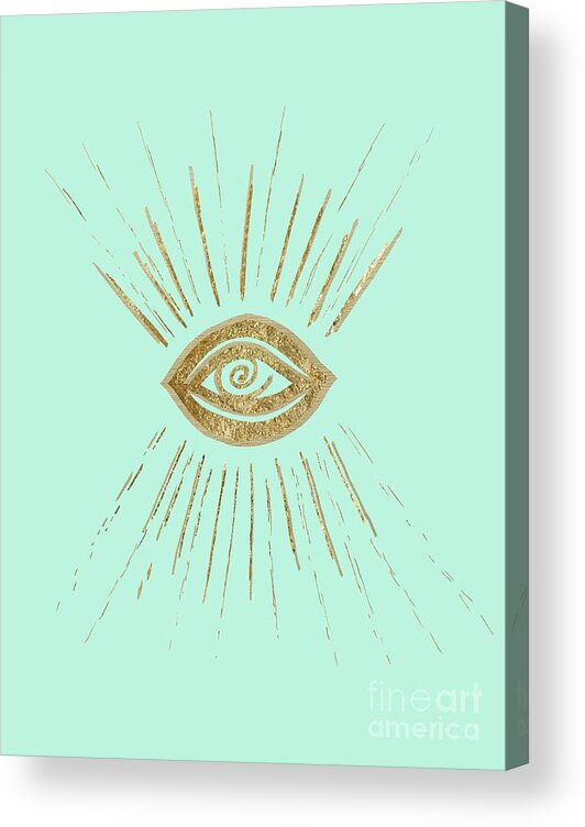 Ink-pen Acrylic Print featuring the drawing Evil Eye Gold on Mint #1 #drawing #decor #art by Anitas and Bellas Art