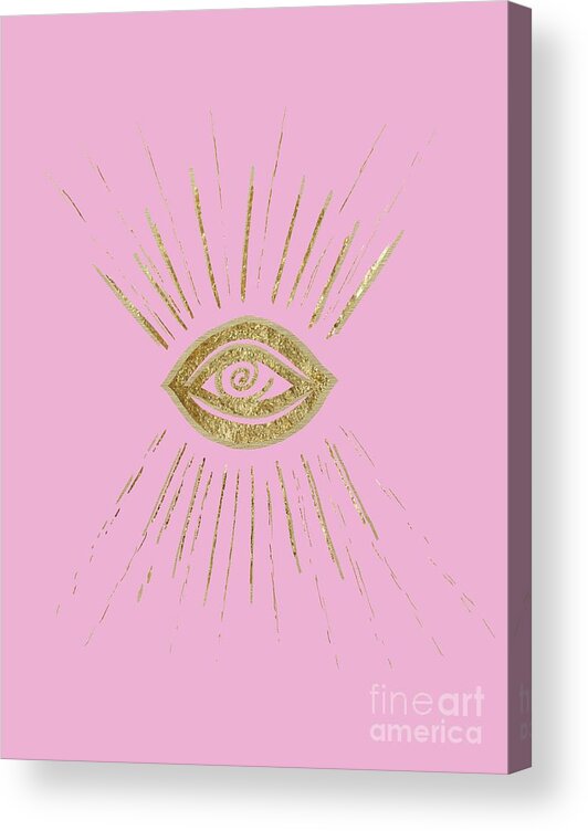 Ink-pen Acrylic Print featuring the drawing Evil Eye Gold on Pink #1 #drawing #decor #art by Anitas and Bellas Art