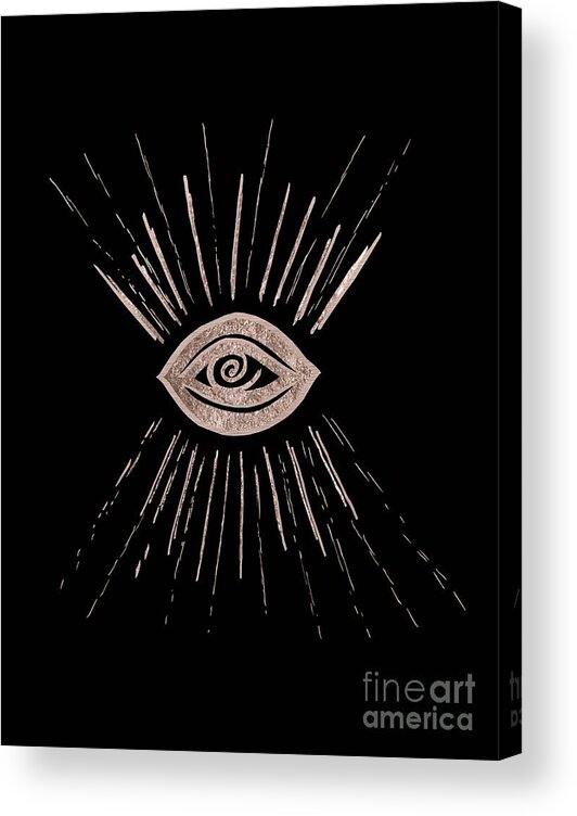 Ink-pen Acrylic Print featuring the mixed media Evil Eye Rose Gold on Black #1 #drawing #decor #art by Anitas and Bellas Art