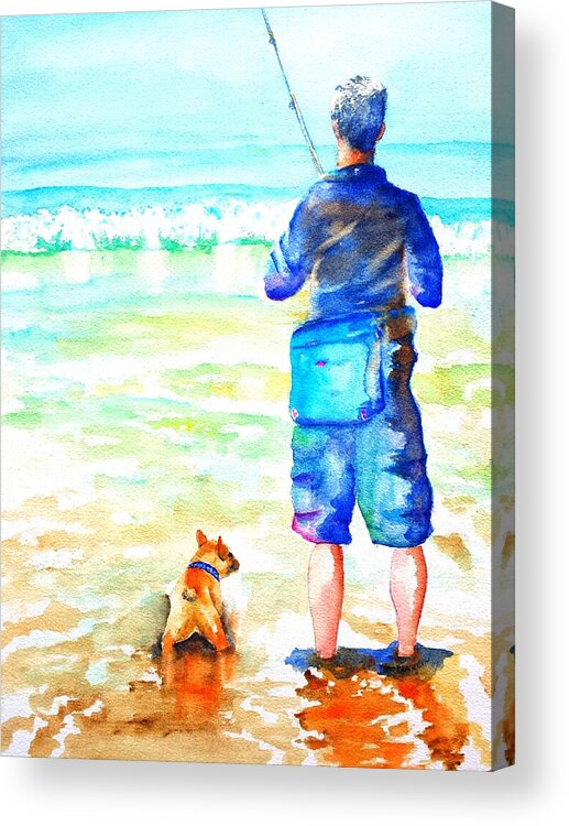 Surf Fishing Acrylic Print featuring the painting Fisherman and Dog at the Beach by Carlin Blahnik CarlinArtWatercolor