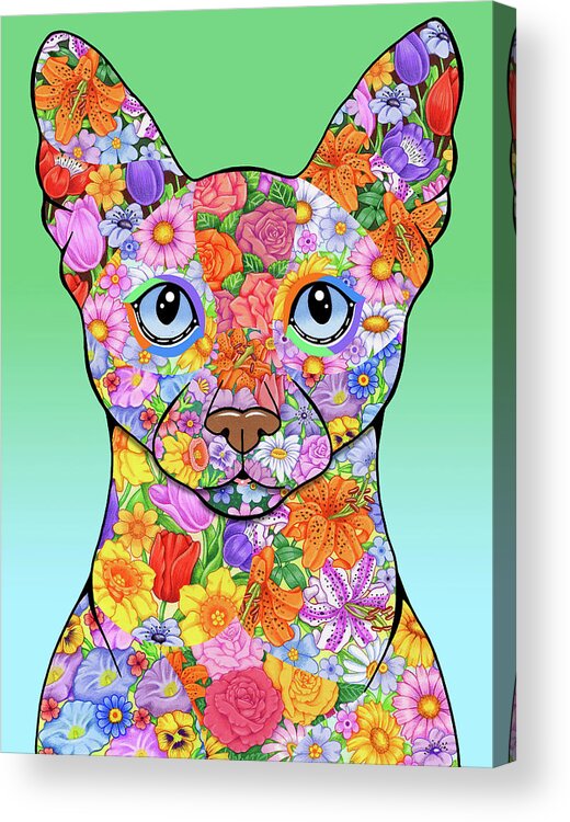 Siamese Acrylic Print featuring the mixed media Flowers Siamese Cat by Tomoyo Pitcher