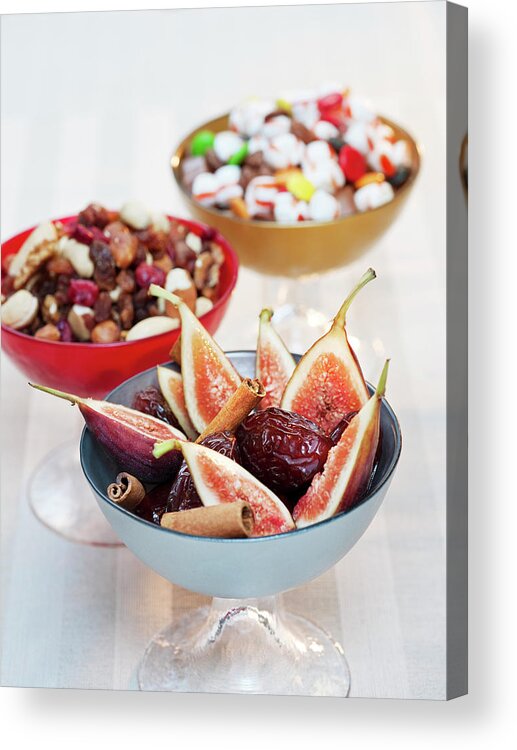 Nut Acrylic Print featuring the photograph Fresh And Dried Fruits In Bowls by Johner Images