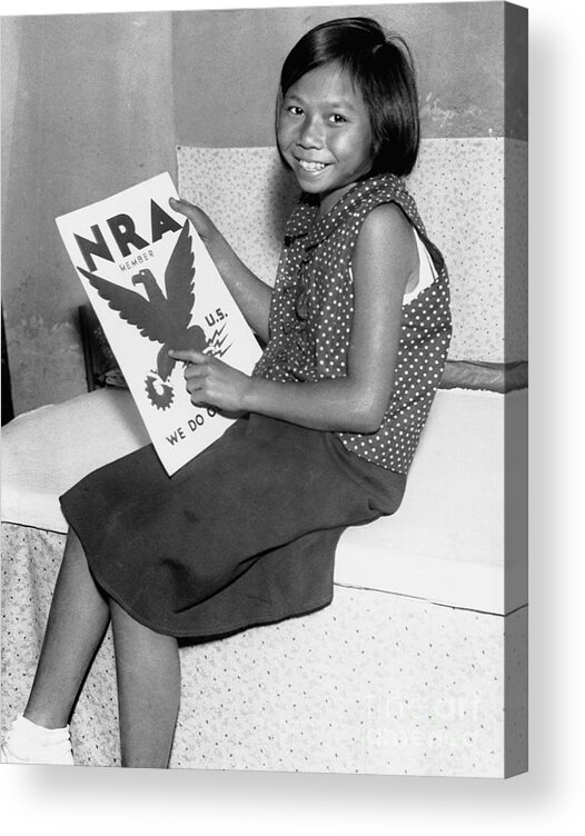 Child Acrylic Print featuring the photograph Girl Holding New Deal Sign by Bettmann