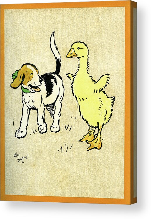 Puppy Acrylic Print featuring the mixed media Illustration of puppy and gosling by Cecil Aldin