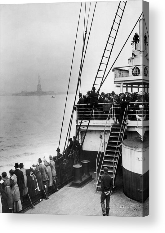 People Acrylic Print featuring the photograph Immigrants Approaching Statue Of Liberty by Edwin Levick