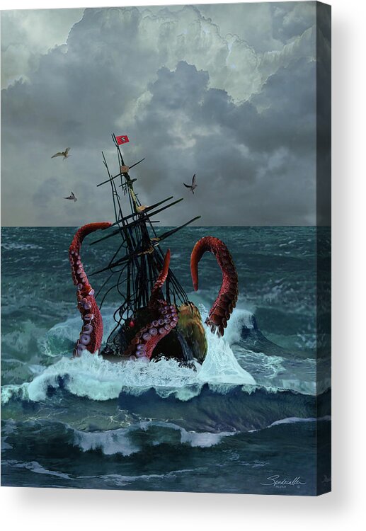 Seascape Acrylic Print featuring the digital art Kraken Sinks Folly Dodger by M Spadecaller