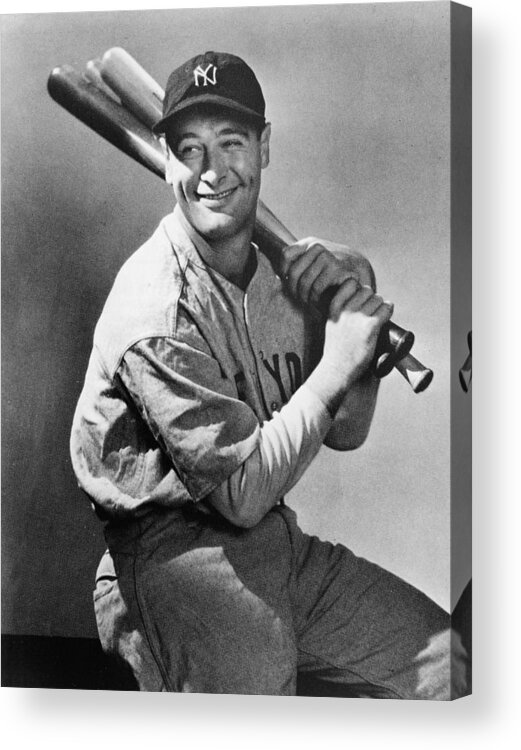 People Acrylic Print featuring the photograph Lou Gehrig Holding Three Baseball Bats by Pictorial Parade