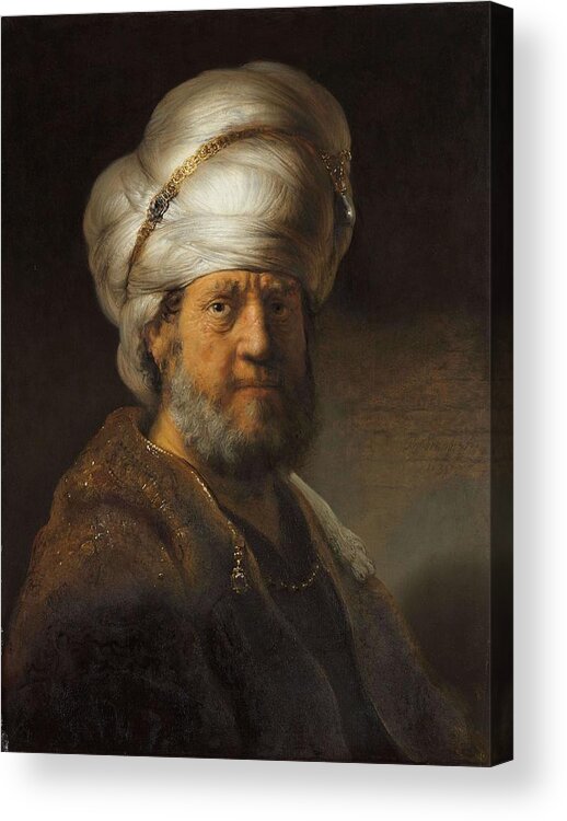 Harmenszoon Van Rijn Rembrandt Acrylic Print featuring the painting Man in Oriental Dress. Bust of a Man in Oriental Dress. by Rembrandt -1606-1669-