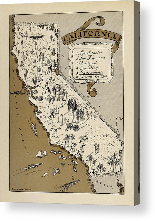 Vintage Map Of California Acrylic Print featuring the photograph Map Of California 1930 by Andrew Fare