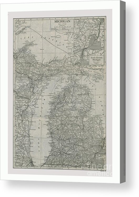 Michigan Acrylic Print featuring the drawing Map Of Michigan by Print Collector