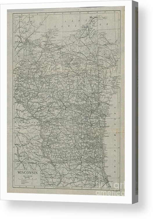 Wisconsin Acrylic Print featuring the drawing Map Of Wisconsin by Print Collector